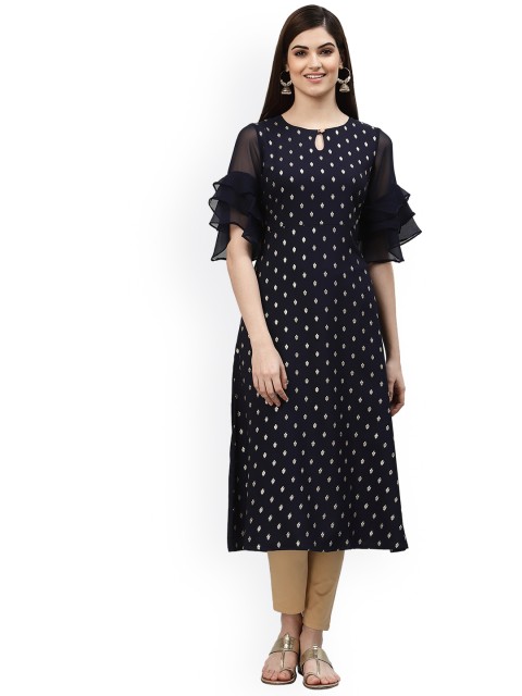 

ALC Creations Women Navy Blue Geometric Printed Keyhole Neck Flared Sleeves Gotta Patti Crepe Kurta
