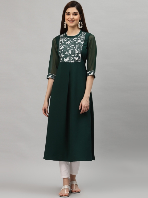 

ALC Creations Women Green & dark gunmetal Floral Yoke Design Thread Work Crepe Kurta