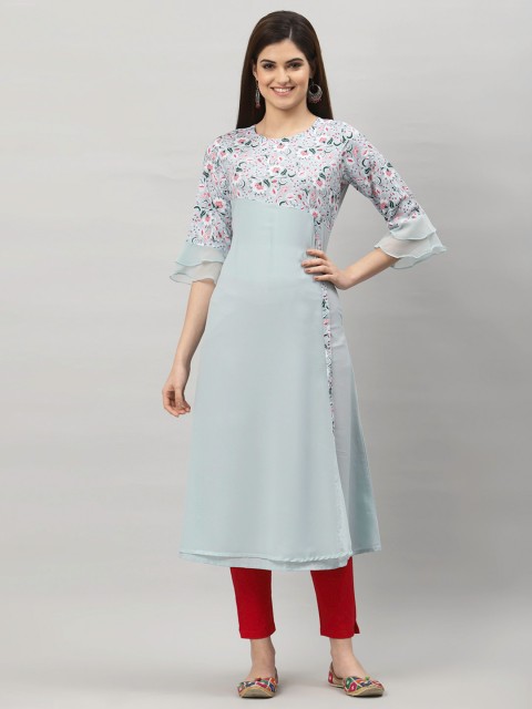 

ALC Creations Women Blue Geometric Embroidered Keyhole Neck Flared Sleeves Thread Work Pastels Crepe Kurta