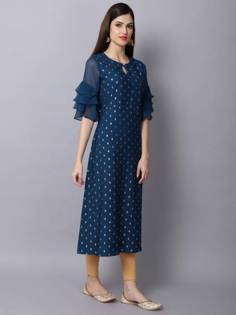 

ALC Creations Women Teal Ethnic Motifs Flared Sleeves Crepe Kurta