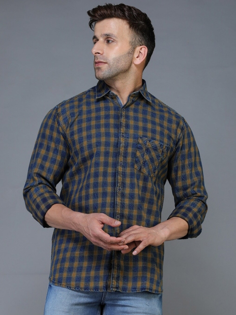 

TQS Men Navy Blue Standard Checked Casual Shirt