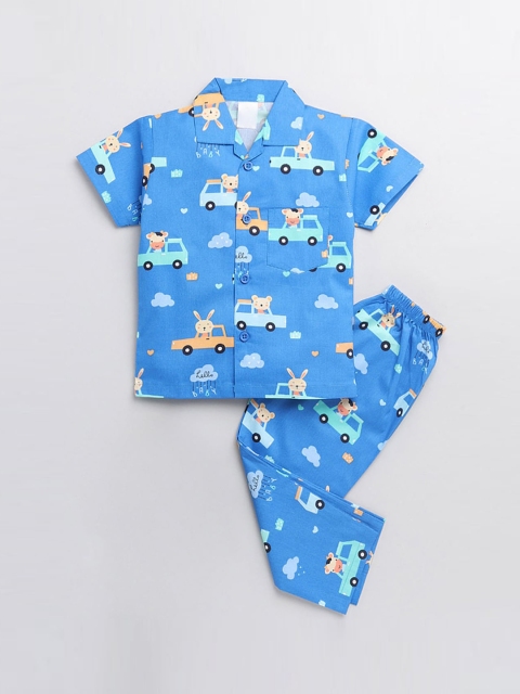 

Hopscotch Boys Blue & Peach-Coloured Printed Night suit
