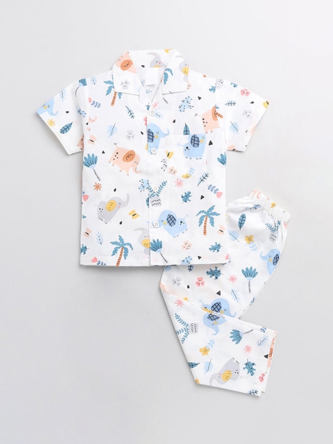 

Hopscotch Boys White & Blue Printed Night suit