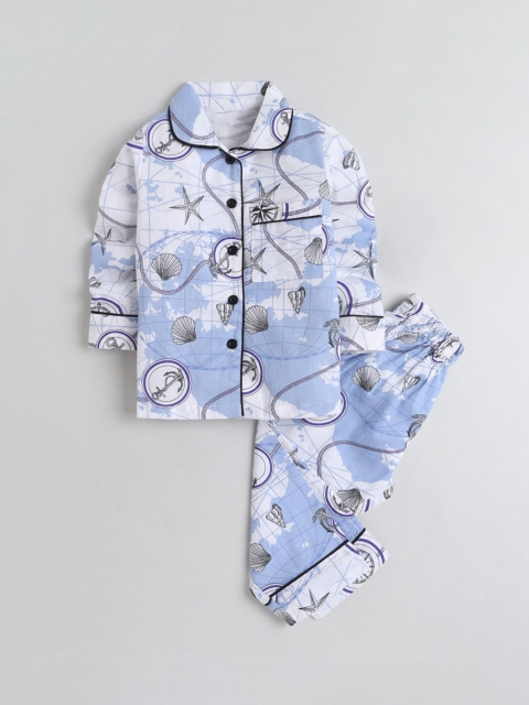 

Hopscotch Girls Blue & White Printed Night suit