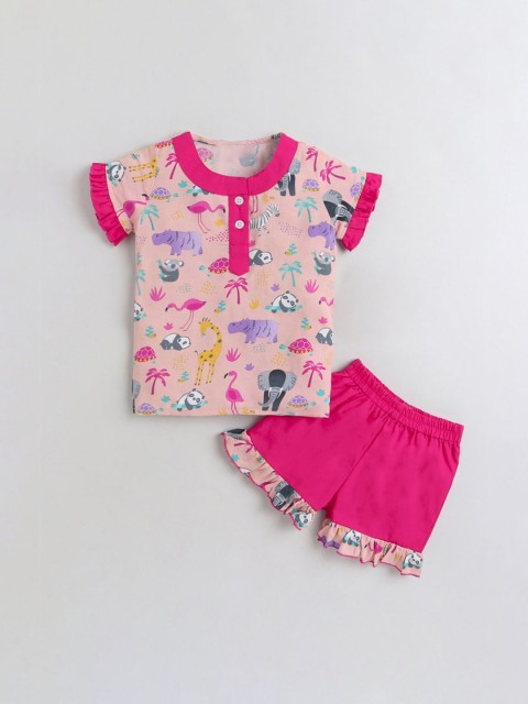 

Hopscotch Girls Peach-Coloured & Blue Printed Night suit