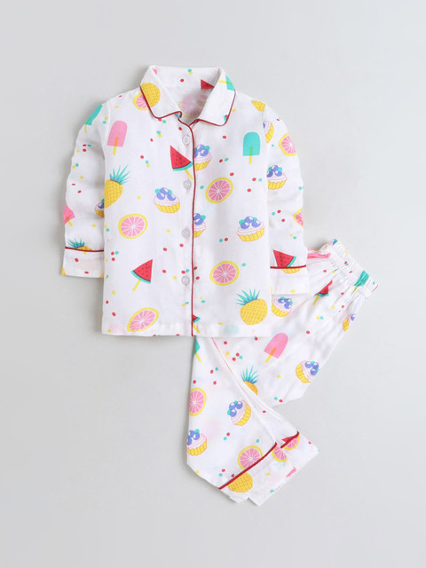 

Hopscotch Girls White & Pink Printed Night suit