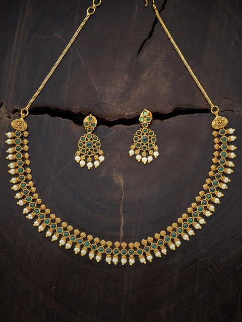 

Kushal's Fashion Jewellery Gold-Plated Green Stone-Studded Jewellery Set