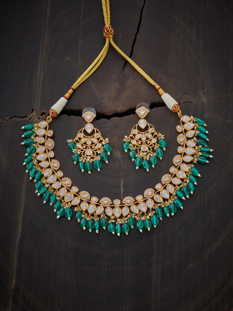 

Kushal's Fashion Jewellery Gold-Plated Green & White Kundan Studded Jewellery Set