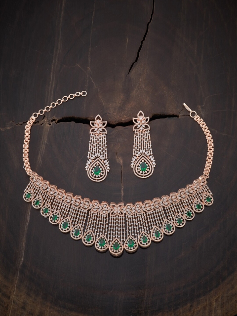 

Kushal's Fashion Jewellery Rose Gold-Plated Green CZ Studded Jewellery Set