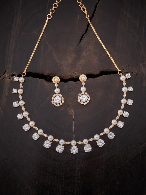

Kushal's Fashion Jewellery Gold Plated White CZ Stone Studded Jewellery Set