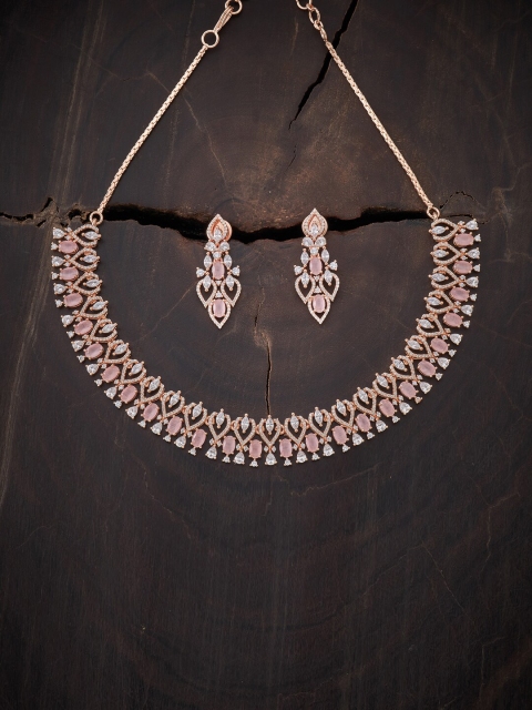 

Kushal's Fashion Jewellery Rose Gold-Plated Pink & White CZ -Studded & Beaded Jewellery Set