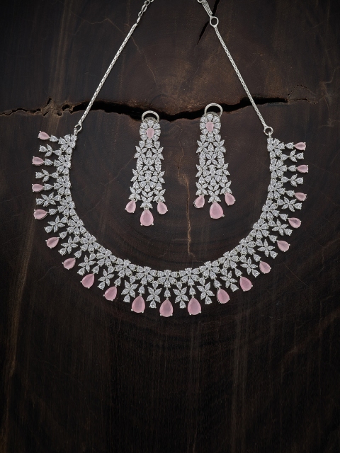 

Kushal's Fashion Jewellery Rhodium-Plated Pink & White CZ Studded Jewellery Set