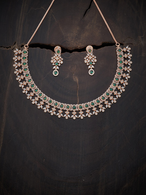 

Kushal's Fashion Jewellery Rose Gold-Plated Green CZ Studded Jewellery Set