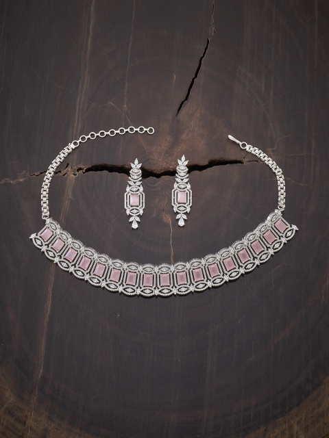 

Kushal's Fashion Jewellery Rhodium -Plated Pink CZ Studded Jewellery Set