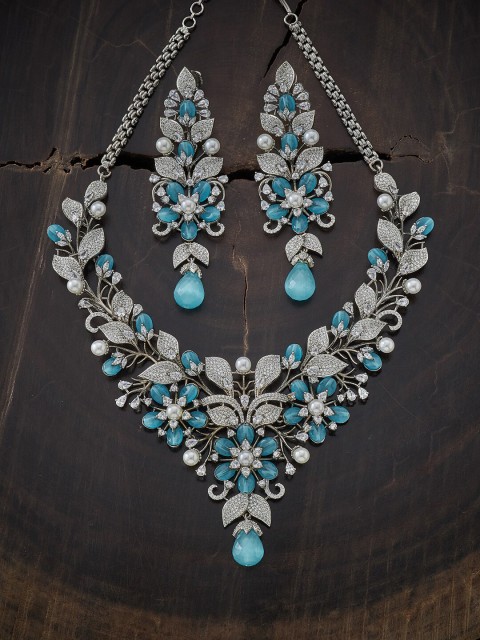 

Kushal's Fashion Jewellery Rhodium-Plated Sea Green CZ Studded Jewellery Set