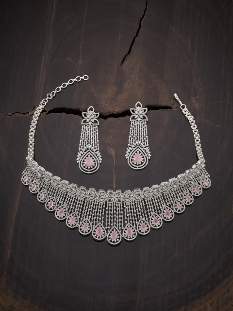 

Kushal's Fashion Jewellery Rhodium-Plated Silver-Toned & Pink CZ-Studded Jewellery Set