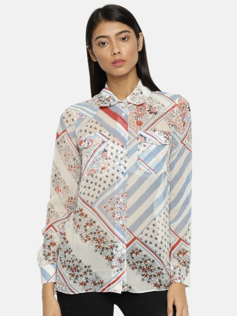 

Tommy Hilfiger Women Off-White & Blue Printed Sheer Silk Casual Shirt