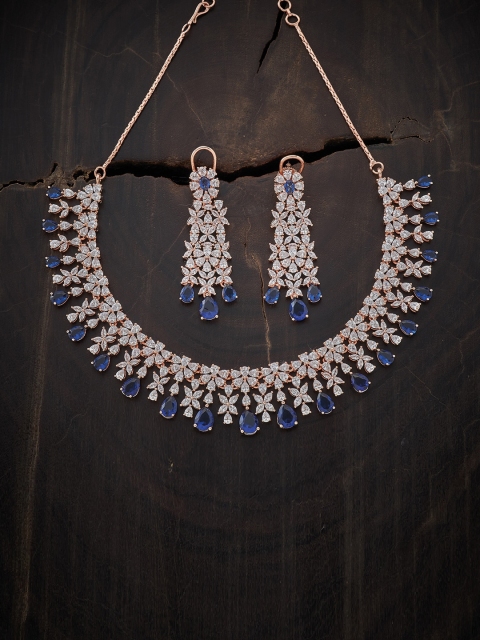 

Kushal's Fashion Jewellery Rose Gold-Plated Blue & White CZ Studded Jewellery Set