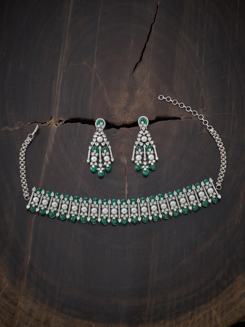 

Kushal's Fashion Jewellery Rhodium-Plated Green CZ Studded Jewellery Set
