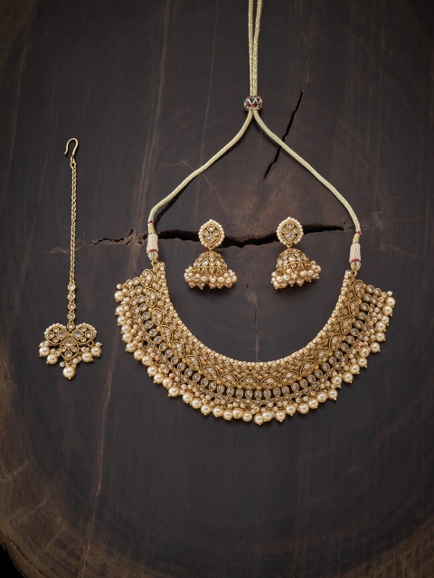 

Kushal's Fashion Jewellery Gold-Plated White Stone-Studded Off-White Beaded Jewellery Set