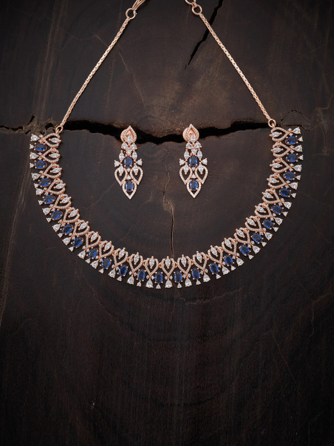 

Kushal's Fashion Jewellery Women Rose Gold-Plated Blue CZ Stone Studded Blue Jewellery Set