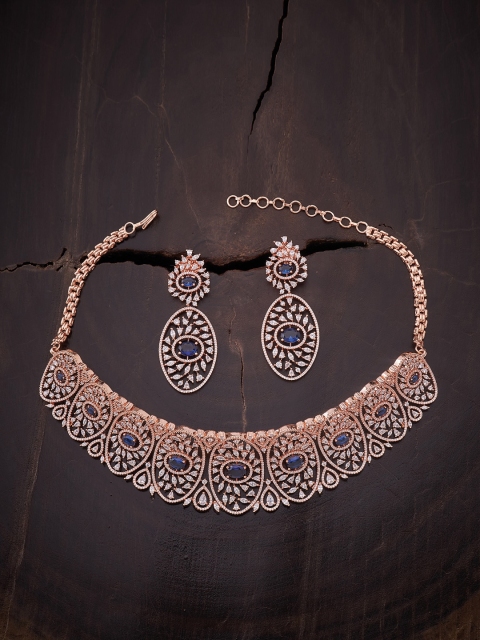 

Kushal's Fashion Jewellery Rose Gold-Plated Blue & White CZ Studded Jewellery Set