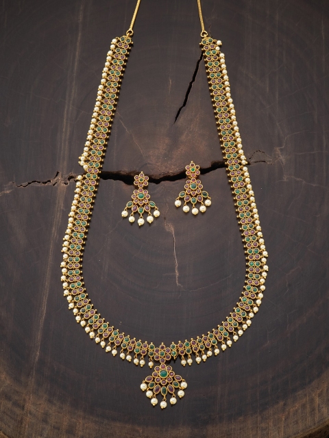 

Kushal's Fashion Jewellery Gold-Plated Red & Green Stone-Studded & Beaded Jewellery Set