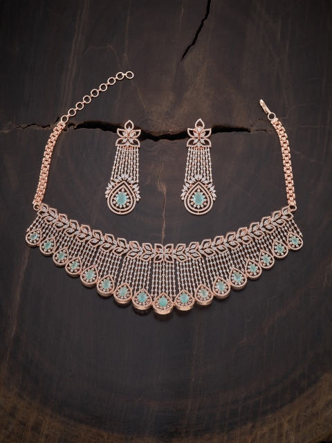 

Kushal's Fashion Jewellery Rose Gold- Plated Sea Green CZ-Stone Studded Jewellery Set