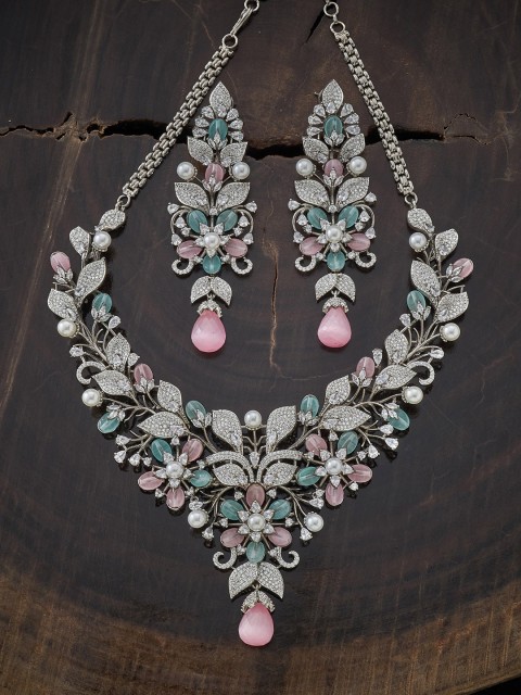

Kushal's Fashion Jewellery Rhodium-Plated Pink & Sea Green Cubic Zirconia Studded Jewellery Set