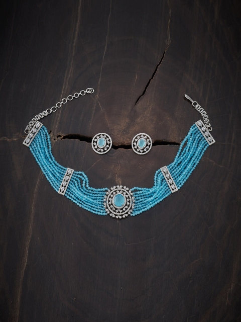 

Kushal's Fashion Jewellery Rhodium-Plated Sea Green CZ Studded & Beaded Jewellery Set