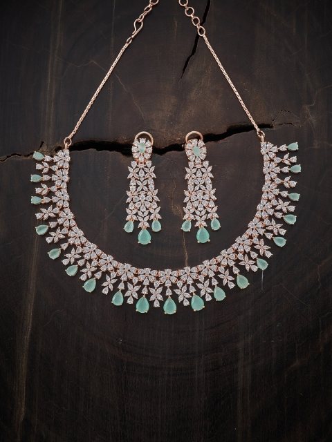 

Kushal's Fashion Jewellery Rose Gold-Plated Sea Green & White CZ- Studded & Beaded Jewellery Set