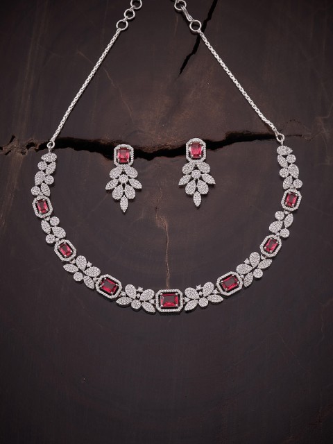 

Kushal's Fashion Jewellery Rhodium-Plated Red Cubic Zirconia Studded Jewellery Set, Silver