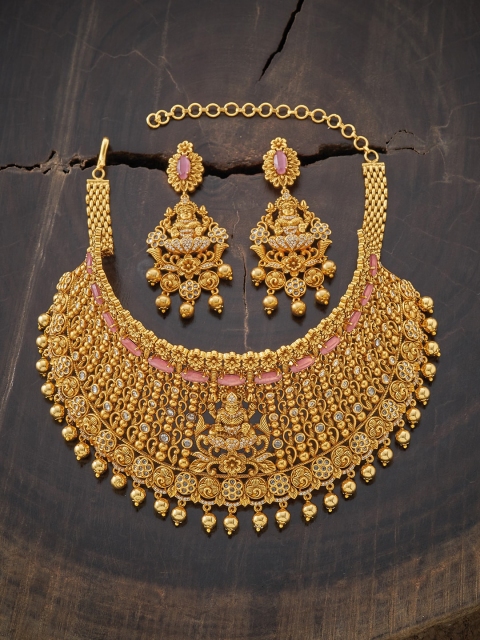 

Kushal's Fashion Jewellery Gold Plated Pink Stone Studded Antique Jewellery Set