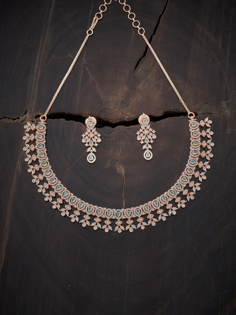 

Kushal's Fashion Jewellery Rose Gold-Plated Sea Green CZ Studded Jewellery Set