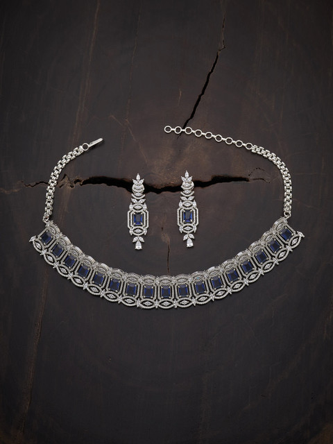 

Kushal's Fashion Jewellery Rhodium-Plated Blue & White CZ Studded Choker Jewellery Set