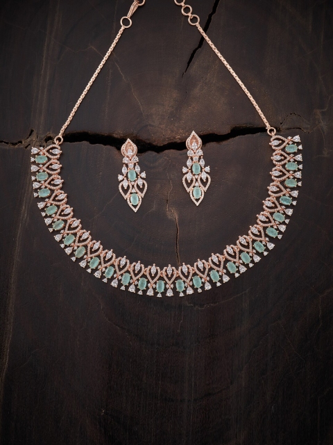 

Kushal's Fashion Jewellery Rose Gold-Plated & Sea Green CZ-Studded Jewellery Set