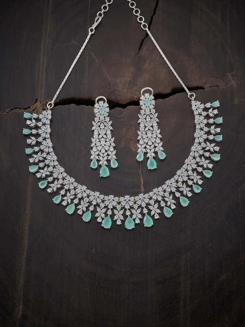 

Kushal's Fashion Jewellery Rhodium-Plated Sea Green & White CZ Studded Jewellery Set