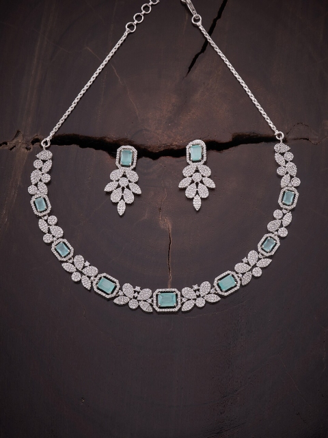 

Kushal's Fashion Jewellery Women Rhodium-Plated Sea Green & White CZ-Studded Jewellery Set, Silver