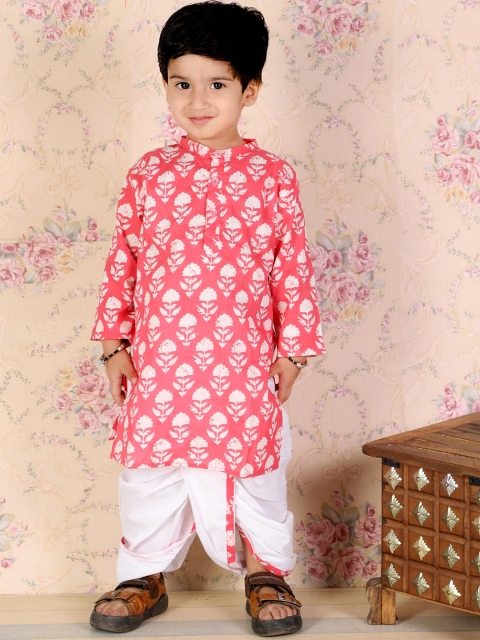 

The Mom Store Boys Pink Floral Embroidered Pure Cotton Kurta with Palazzos & With Dupatta