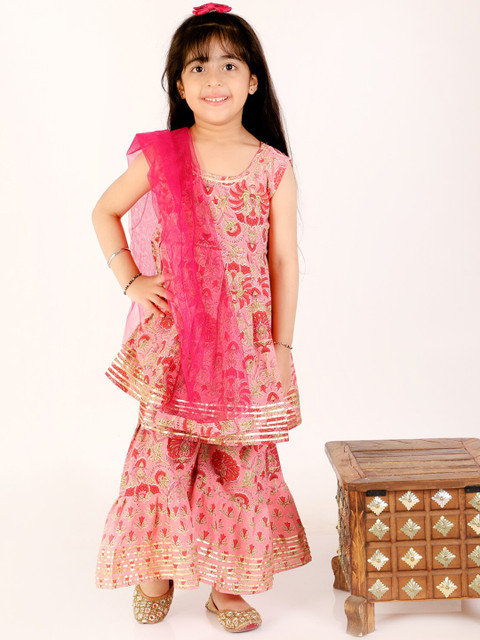 

The Mom Store Girls Pink Floral Printed Panelled Pure Cotton Kurta with Sharara & With Dupatta
