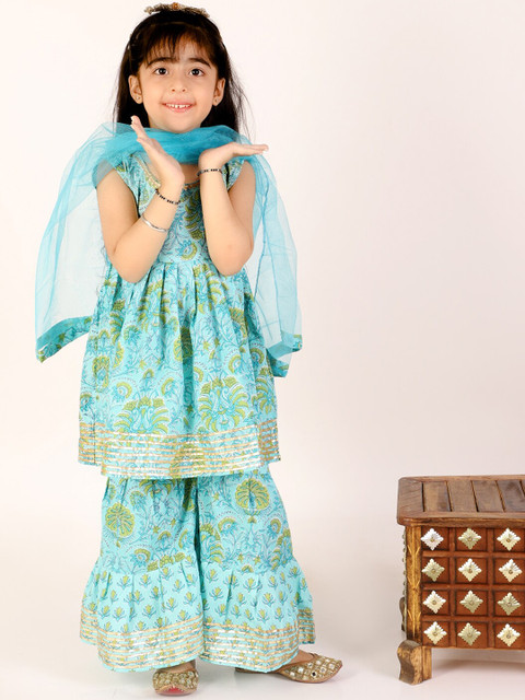 

The Mom Store Girls Blue Embroidered Empire Pure Cotton Kurti with Sharara