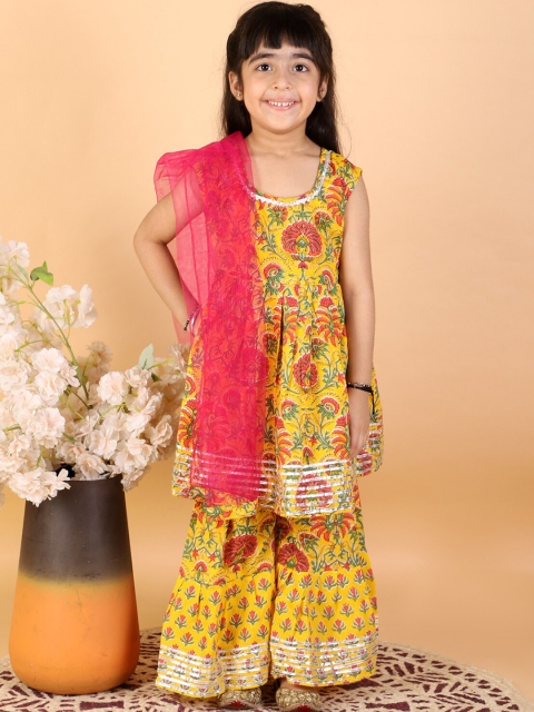 

The Mom Store Girls Yellow Floral Embroidered Panelled Pure Cotton Kurti with Sharara & With Dupatta