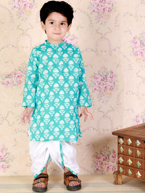 

The Mom Store Boys Blue Ethnic Motifs Printed Pure Cotton Kurta with Trousers