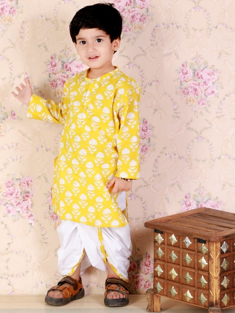 

The Mom Store Boys Yellow Floral Printed Angrakha Pure Cotton Kurti with Dhoti Pants & With Dupatta
