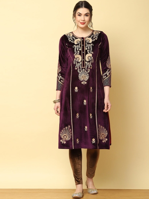 

Lakshita Women Purple Embroidered Keyhole Neck Velvet Anarkali Kurta
