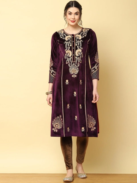 

Lakshita Women Purple Embroidered Keyhole Neck Velvet Anarkali Kurta