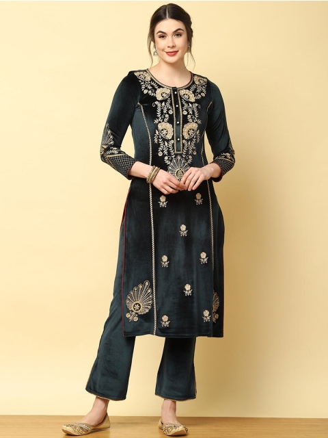 

Lakshita Women Green Embroidered Keyhole Neck Flared Sleeves Thread Work Velvet Kurta