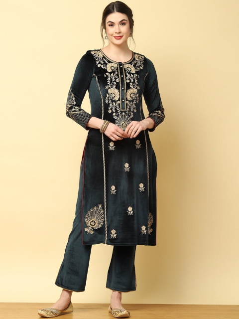 

Lakshita Women Green Embroidered Keyhole Neck Flared Sleeves Thread Work Velvet Kurta