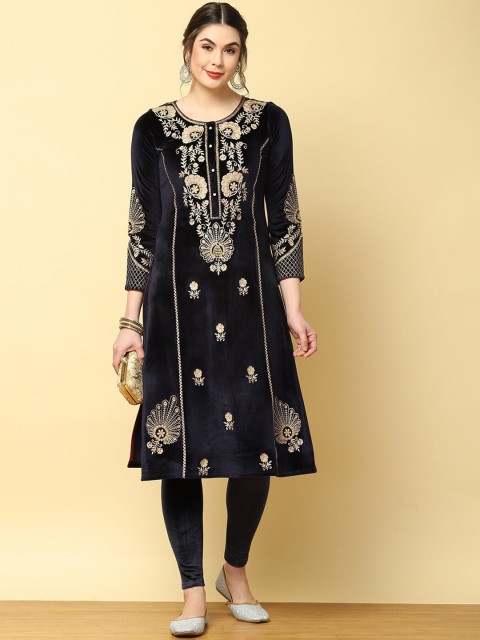 

Lakshita Women Blue & french middle red purple Embroidered Keyhole Neck Flared Sleeves Velvet Anarkali Kurta