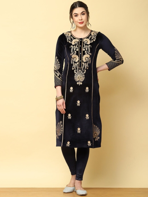 

Lakshita Women Blue Embroidered Keyhole Neck Flared Sleeves Velvet Anarkali Kurta